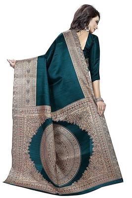 Turquoise printed art silk saree with blouse 3
