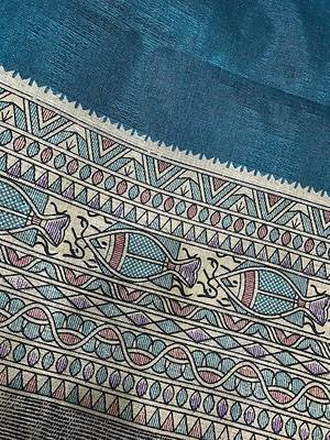 Turquoise printed art silk saree with blouse 4