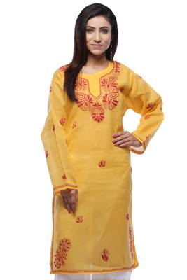 Yellow embroidered cotton stithced kurti 1