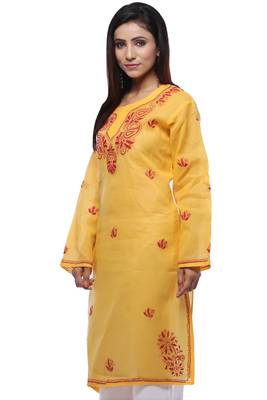 Yellow embroidered cotton stithced kurti 2