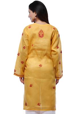Yellow embroidered cotton stithced kurti 3