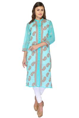 Sea green embroidered georgette stithced kurti 1
