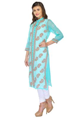Sea green embroidered georgette stithced kurti 2