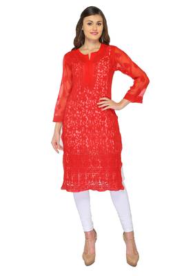 Red embroidered georgette stithced kurti 1