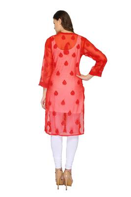 Red embroidered georgette stithced kurti 3