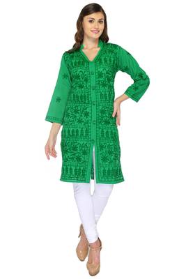 Dark green embroidered cotton stithced kurti 1
