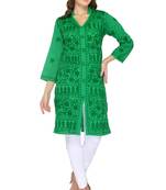 Dark green embroidered cotton stithced kurti