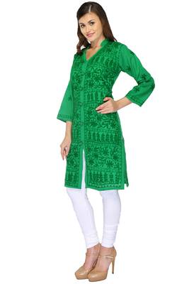 Dark green embroidered cotton stithced kurti 2