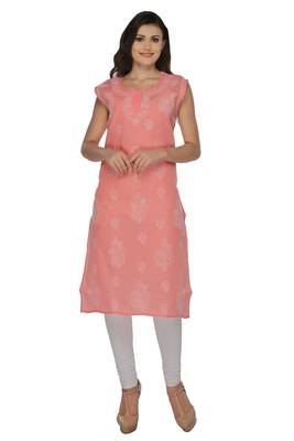 Peach embroidered cotton stithced kurti 1