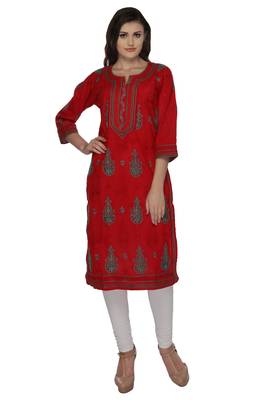 Red embroidered cotton stithced kurti 1