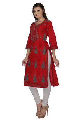 Red embroidered cotton stithced kurti 2