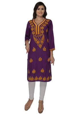 Purple embroidered cotton stithced kurti 1