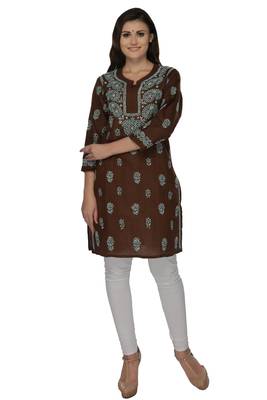 Dark brown embroidered cotton stithced kurti 1
