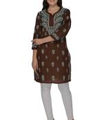 Dark brown embroidered cotton stithced kurti