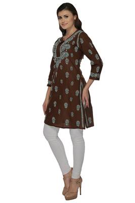 Dark brown embroidered cotton stithced kurti 2