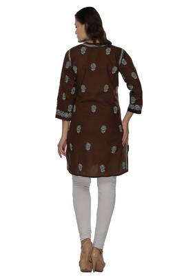 Dark brown embroidered cotton stithced kurti 3