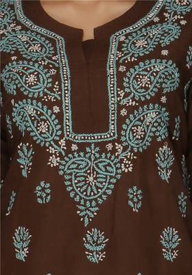 Dark brown embroidered cotton stithced kurti 4
