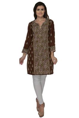 Dark brown embroidered cotton stithced kurti 1