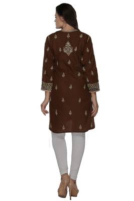 Dark brown embroidered cotton stithced kurti 3