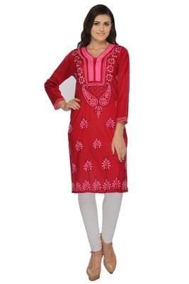 Red embroidered cotton stithced kurti 1