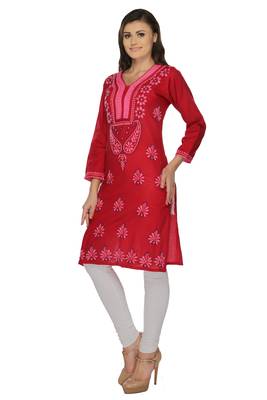 Red embroidered cotton stithced kurti 2