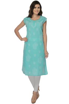 Sea green embroidered cotton stithced kurti 1