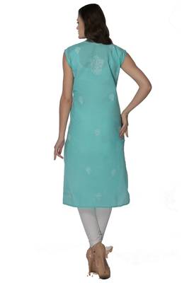 Sea green embroidered cotton stithced kurti 3
