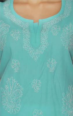Sea green embroidered cotton stithced kurti 4