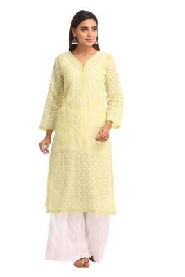 Ada Yellow Embroidered Cotton Chikankari Kurti 1