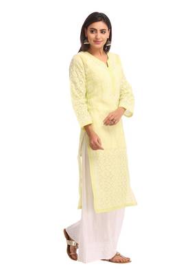 Ada Yellow Embroidered Cotton Chikankari Kurti 3