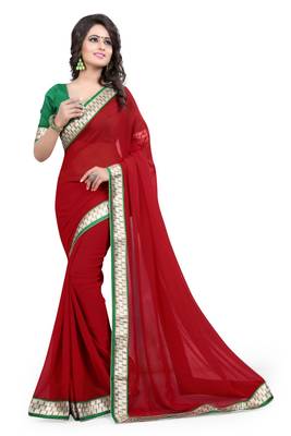 red plain georgette saree with blouse 1