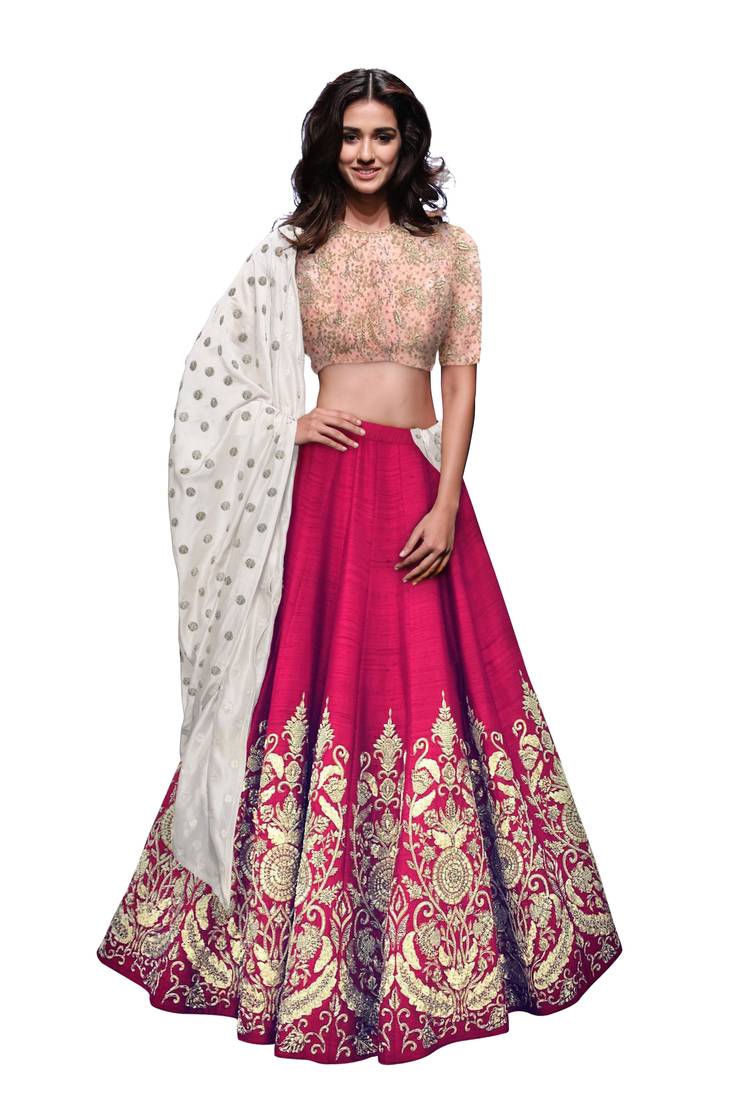  Pink art Silk Embroidered Semi Stitched lehenga Peach Unstitched Blouse With cotton dupatta