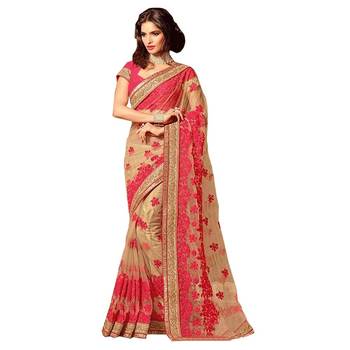 Beige embroidered net saree with blouse 1