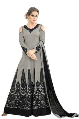 Grey embroidered taffeta salwar with dupatta 1