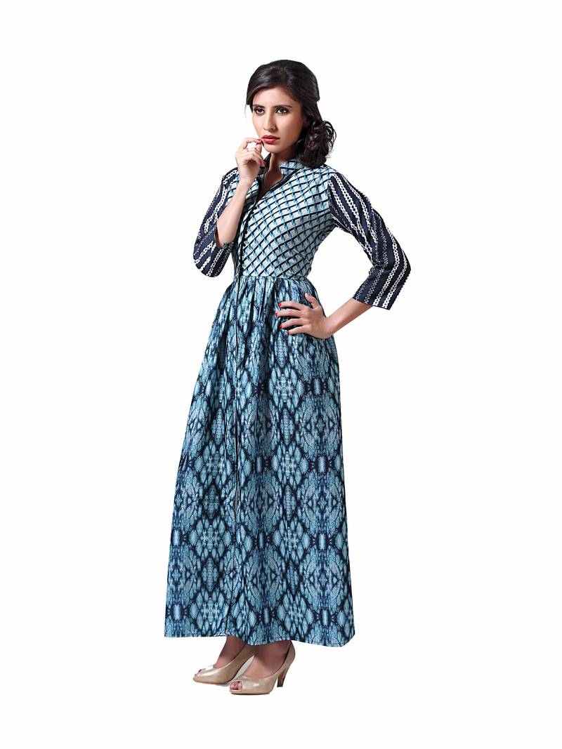 Blue printed stitched cotton-kurtis