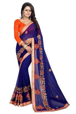 Blue embroidered faux georgette saree with blouse 1