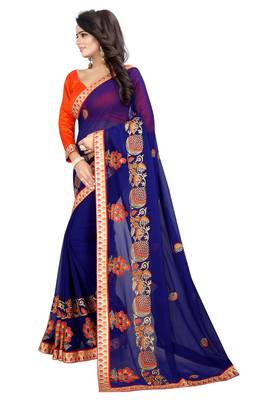 Blue embroidered faux georgette saree with blouse 2