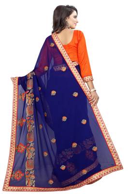 Blue embroidered faux georgette saree with blouse 3