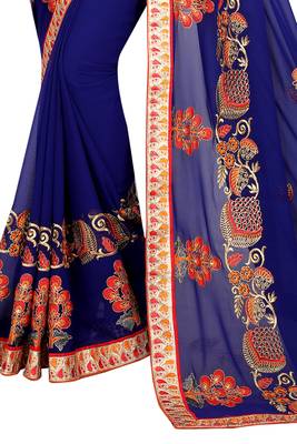 Blue embroidered faux georgette saree with blouse 4
