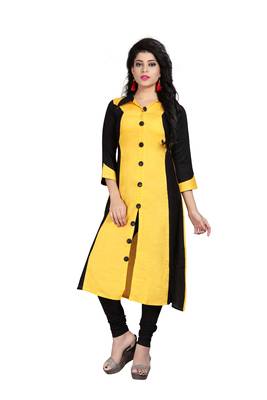 Yellow plain rayon stitched long-kurtis 1