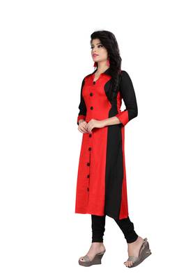 Red plain rayon stitched long-kurtis 2
