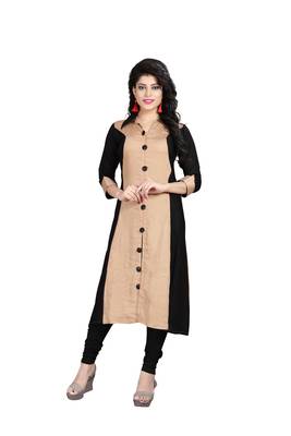 Beige plain rayon stitched long-kurtis 1