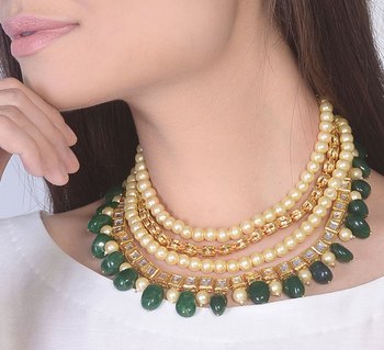 Kundan And Pearls Necklace With Green Onyx Tumble Stones Glitterati By Alankriti