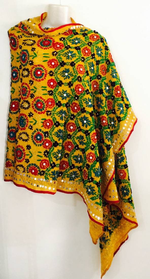 Yellow Phulkari Georgette Hand Embroidered Dupatta Scarf Shawl