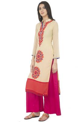 Women's Beige Georgette Embroidery Long Straight kurti 1