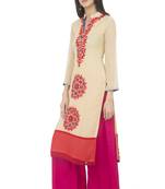 Women's Beige Georgette Embroidery Long Straight kurti
