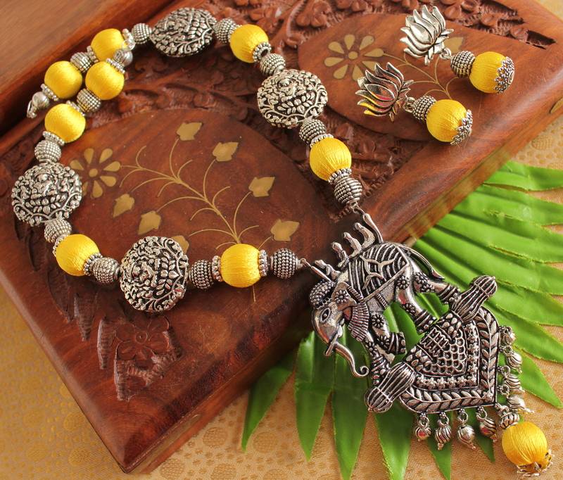 Beautiful Handmade Yellow Silk Thread Elephant Necklace Set 