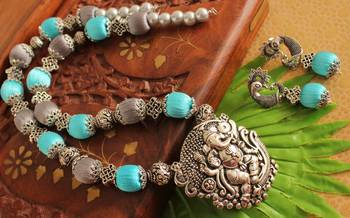 Beautiful Silk Thread Blue Grey Beads Antique Ganesha Pendant Necklace Set 1