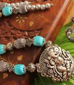 Beautiful Silk Thread Blue Grey Beads Antique Ganesha Pendant Necklace Set