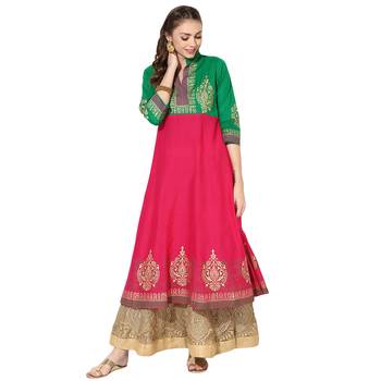 Women's Pink & Green Cotton Block Prints Long Anarkali kurti 1